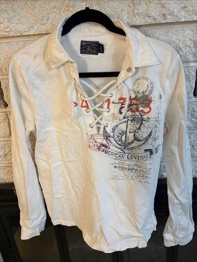 American Living White Lace‑Up Nautical Graphic Long Sleeve Shirt
